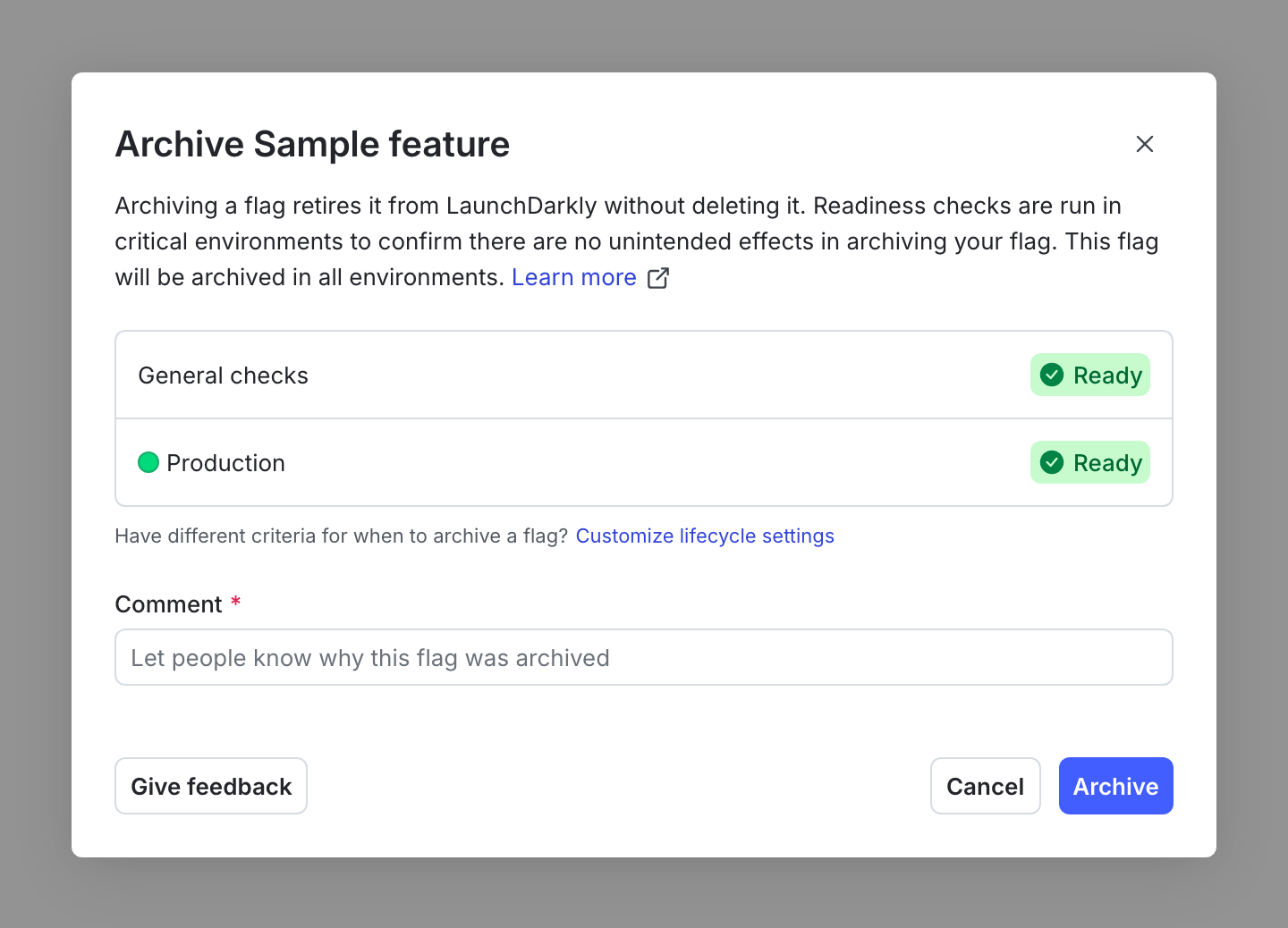 The "Ready to archive" dialog.