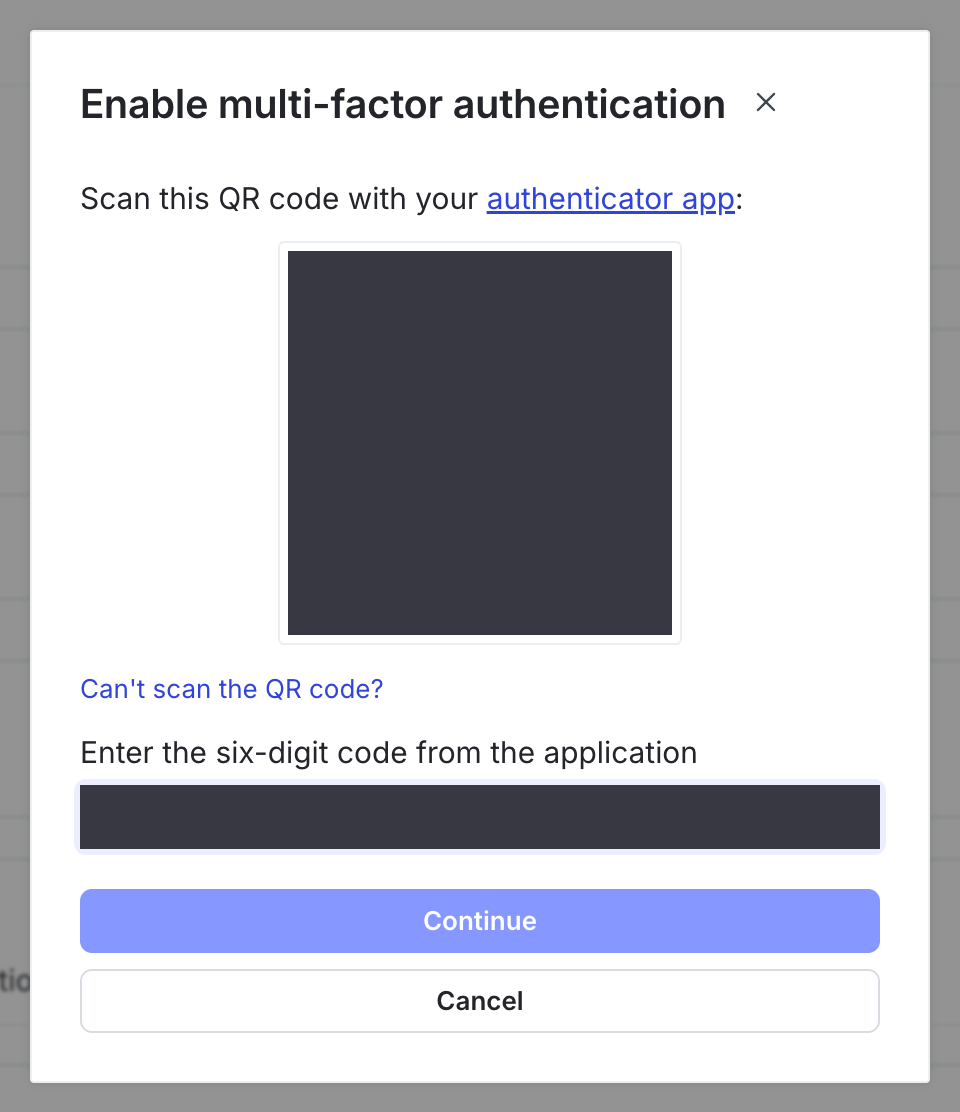 The "Enable multi-factor authentication" dialog with an obscured six digit code.