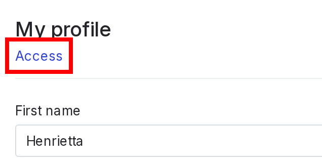 The "My profile" section with the "Access" link called out.