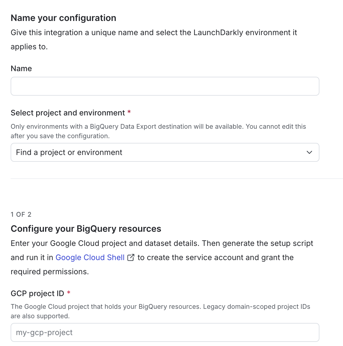 The BigQuery native Experimentation configuration panel in LaunchDarkly.