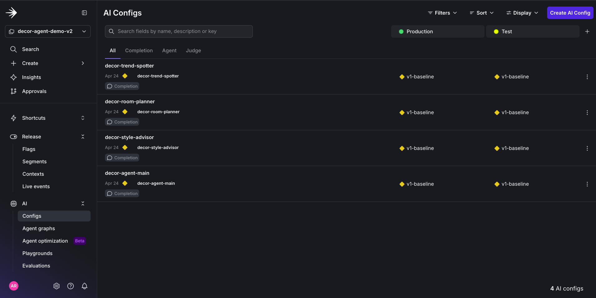 All four AI Configs created in the LaunchDarkly UI.