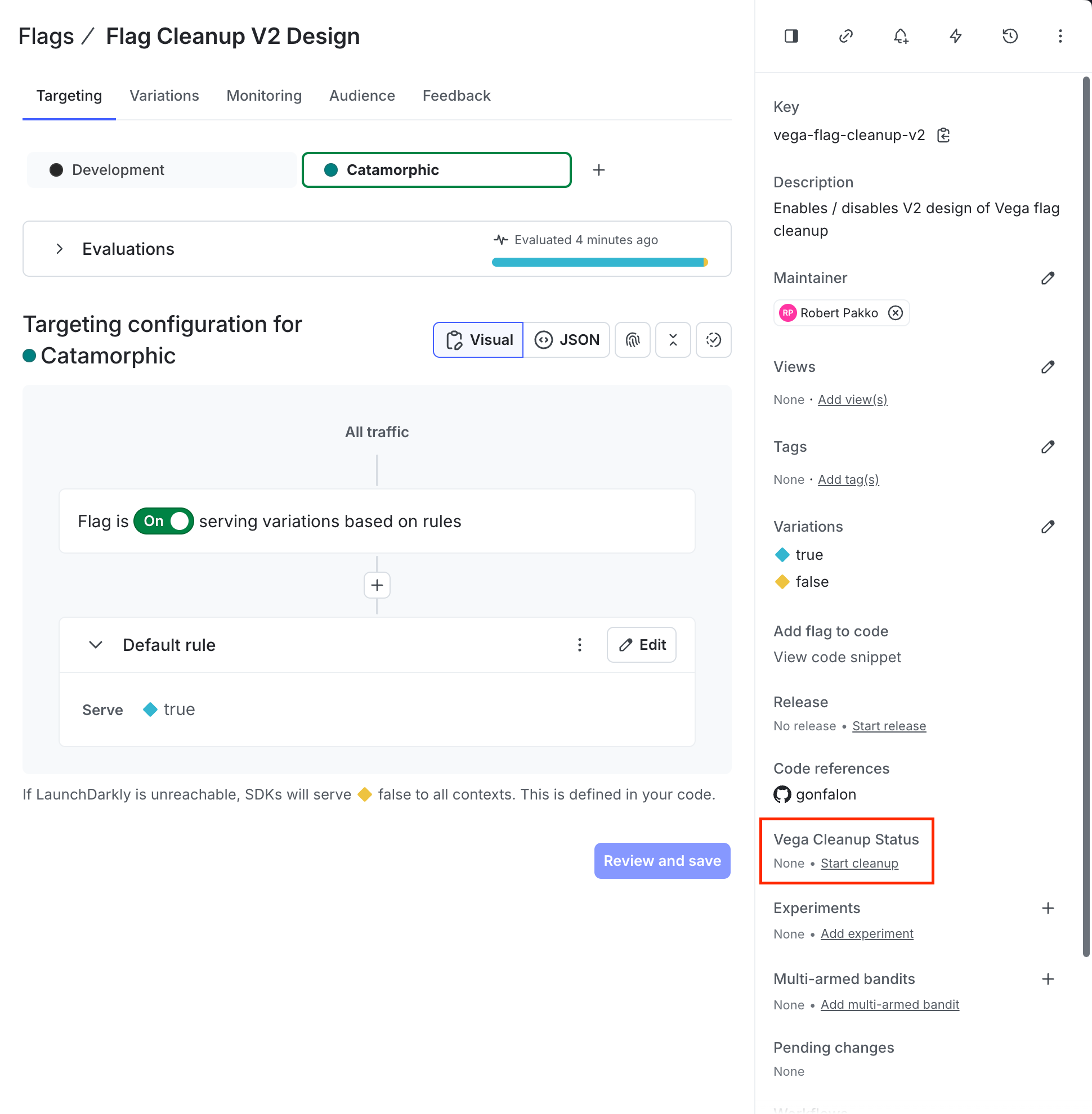 The Vega Cleanup Status section on a flag's detail page, with the Start cleanup link.