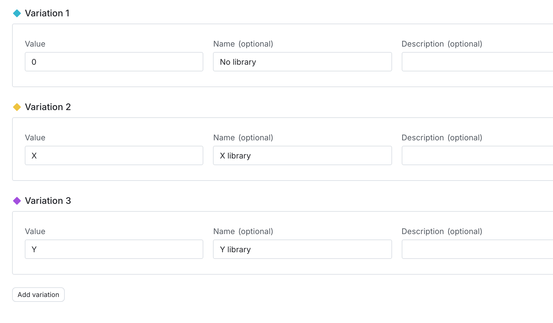 A flag's "Variations" tab with three variations.