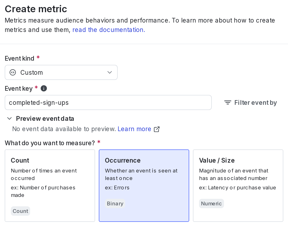 The "Create metric" dialog for a new custom conversion binary metric.