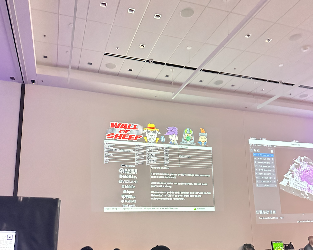 Photo of wall of sheep who have been pwned at defcon 33.