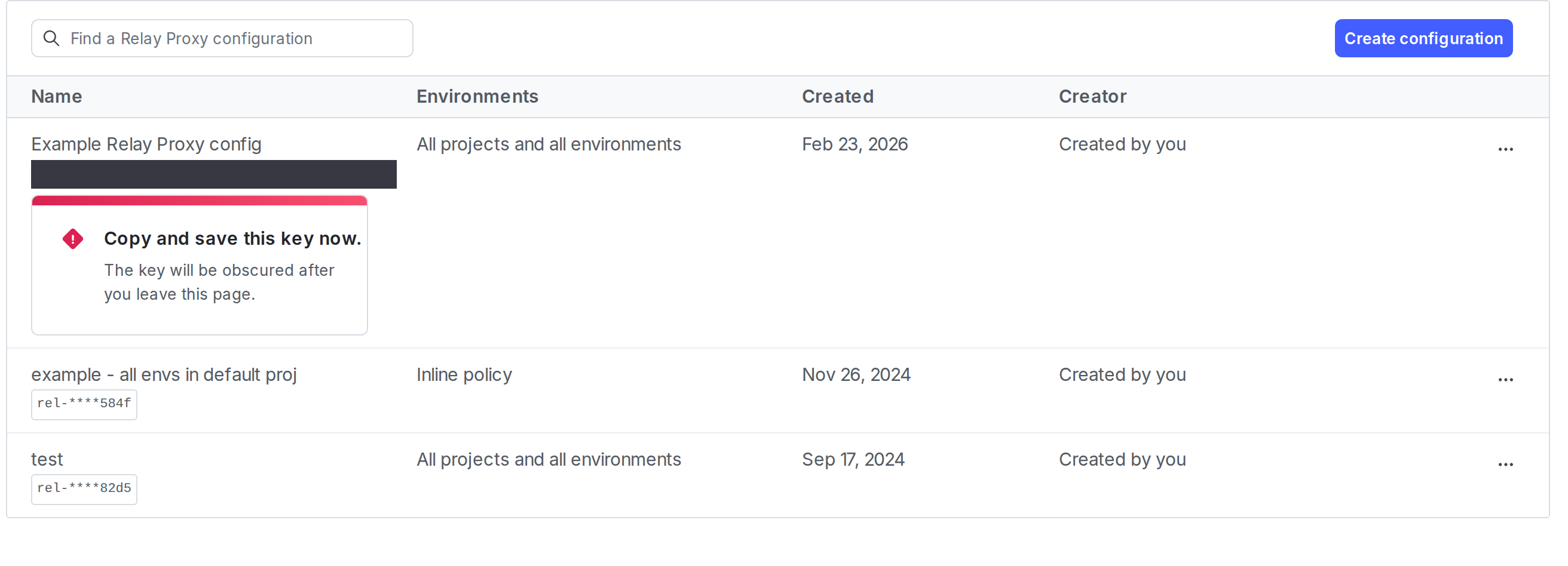 The "Relay proxy" page with a newly created Relay Proxy configuration. The key is displayed.