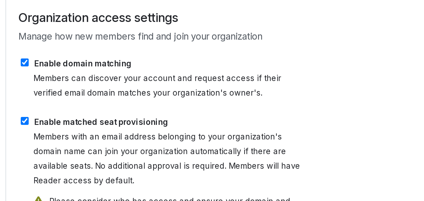 Organization access settings with matched seat provisioning enabled.