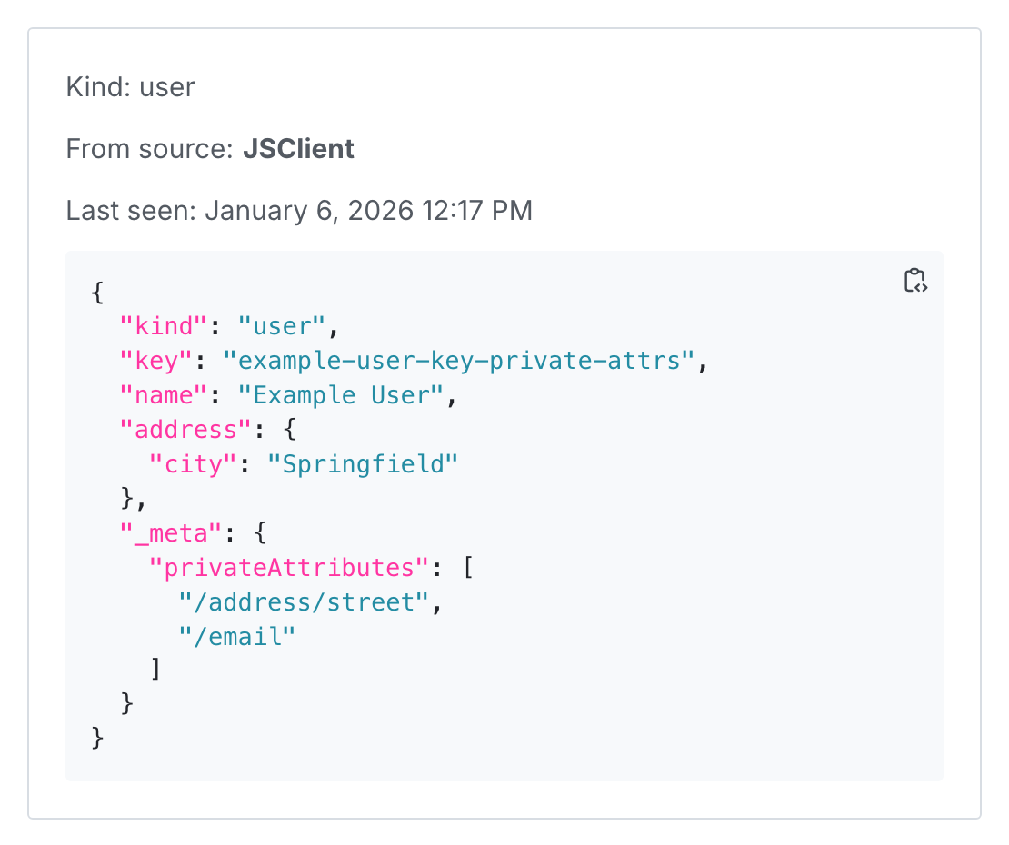 The "Attributes" section of the context details page, showing private attributes in a "_meta" section.