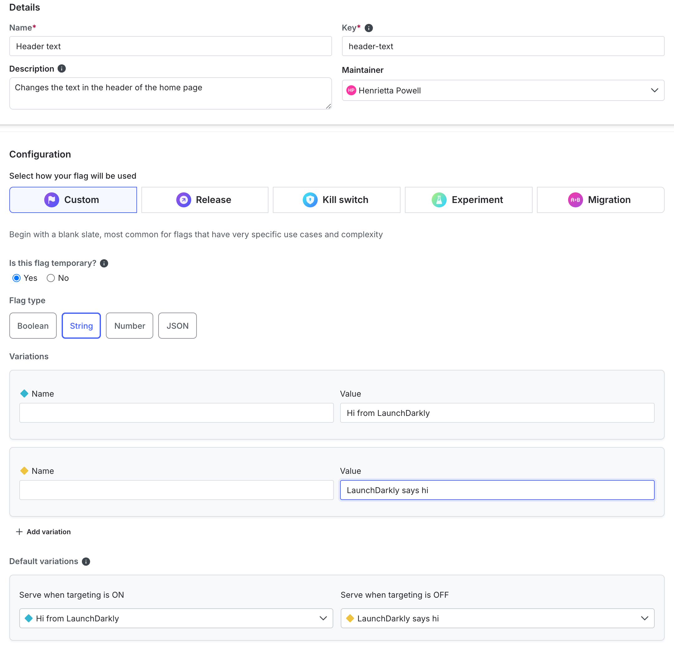 The "Create a feature flag" panel with string flag options chosen.