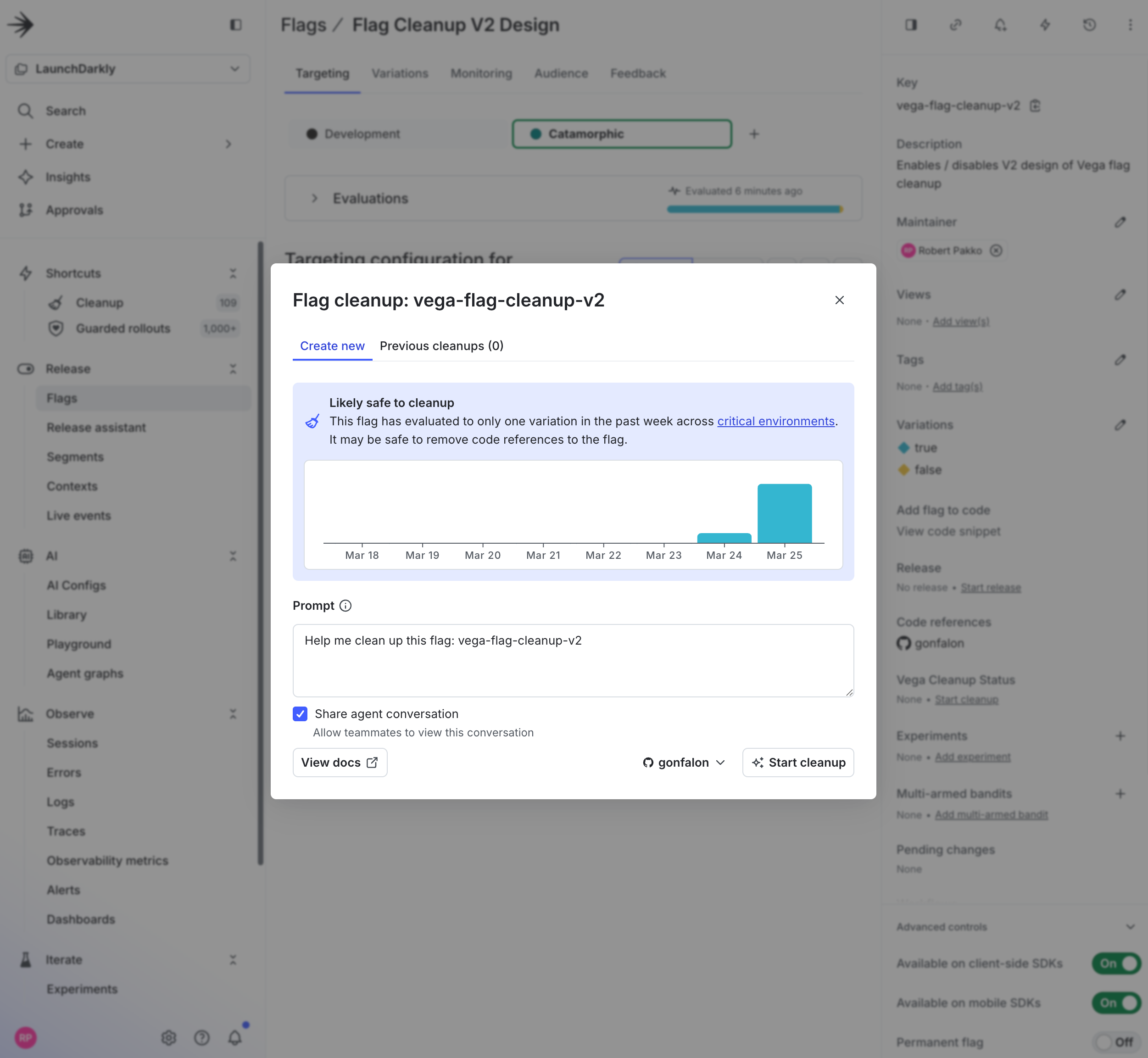 The Flag cleanup modal, showing staleness analysis and the Start cleanup button.