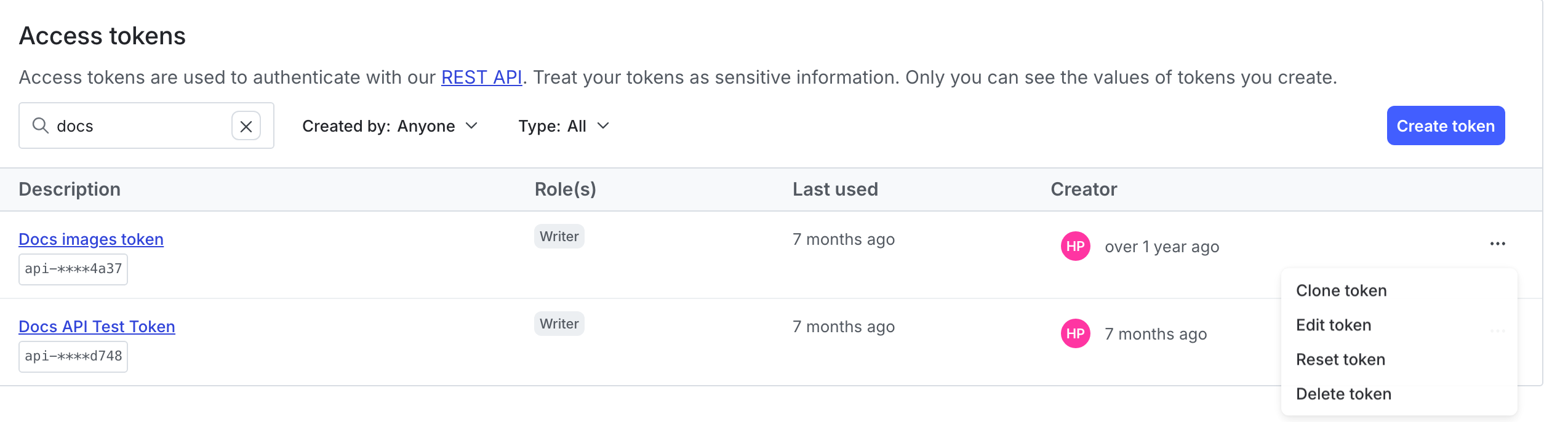 A new access token and its overflow menu, including the "Clone token" and "Delete token" options.