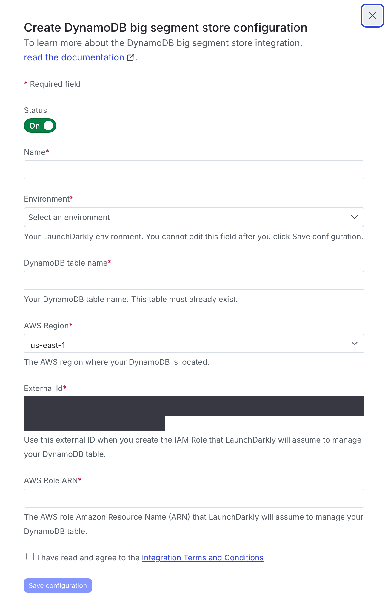 The "Create configuration" panel for a DynamoDB integration.