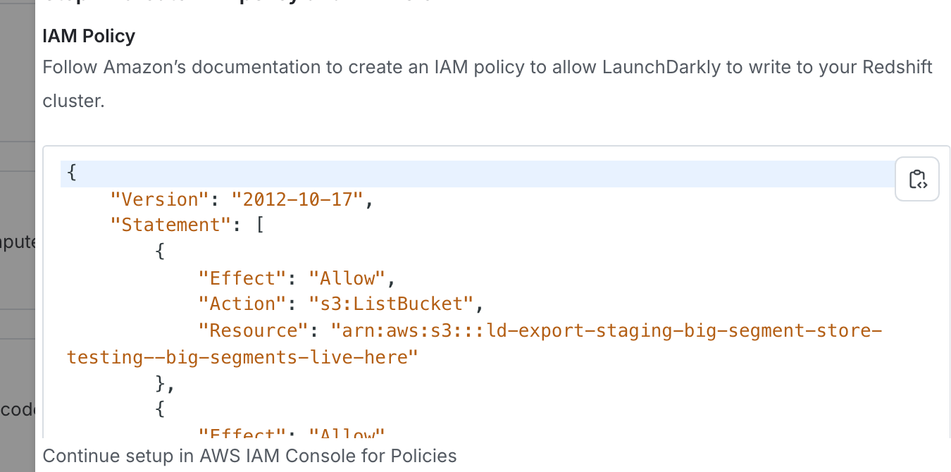 The "IAM role" section of the LaunchDarkly integration panel.