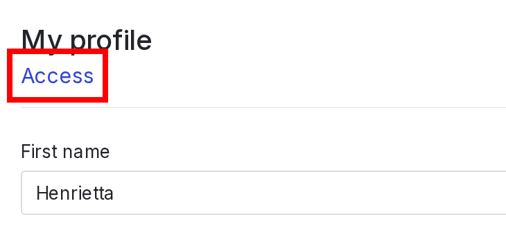 The "My profile" section with the "Access" link called out.