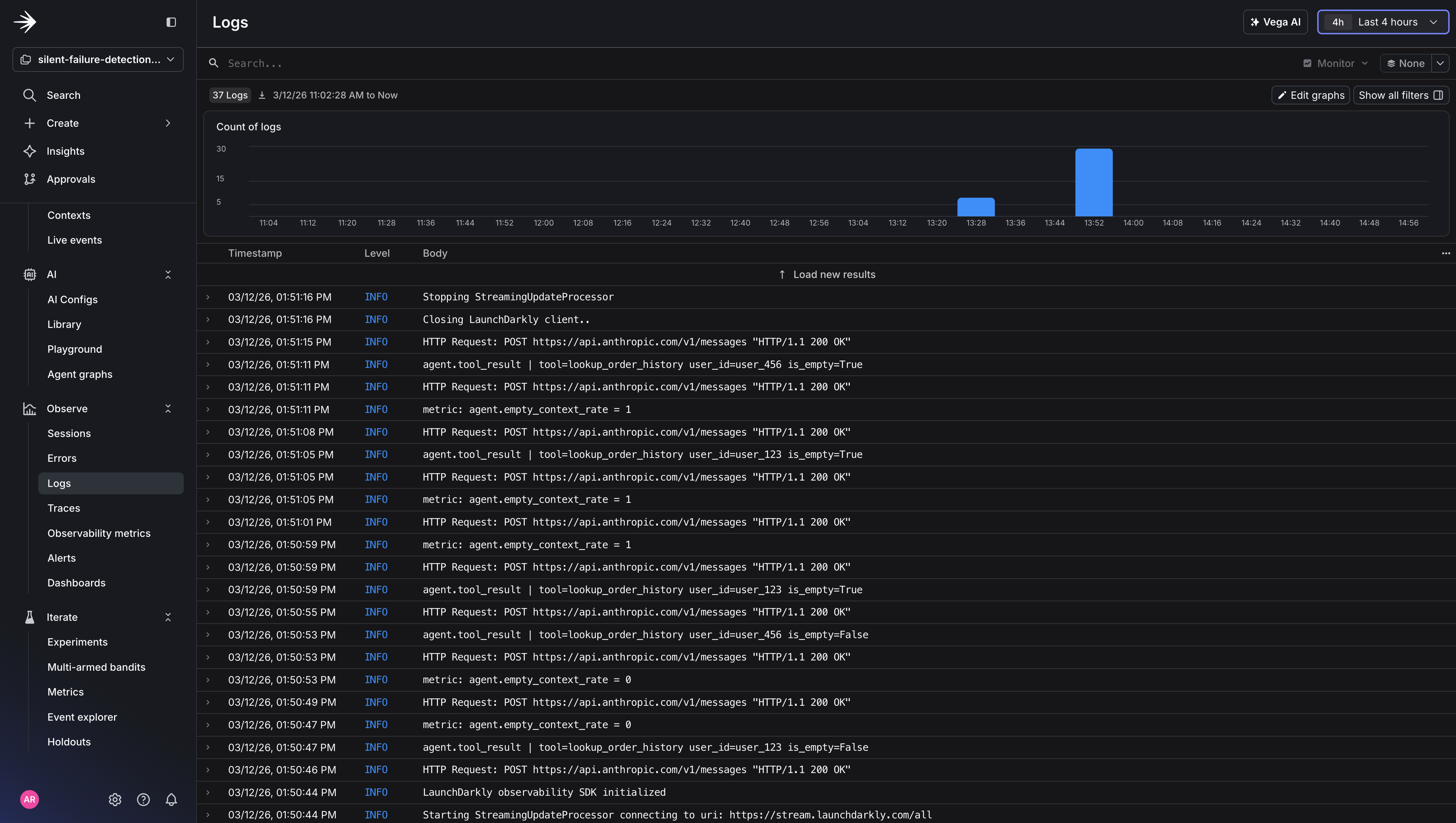 Structured logs in the LaunchDarkly Logs dashboard showing each tool call with its user ID and whether the result was empty.