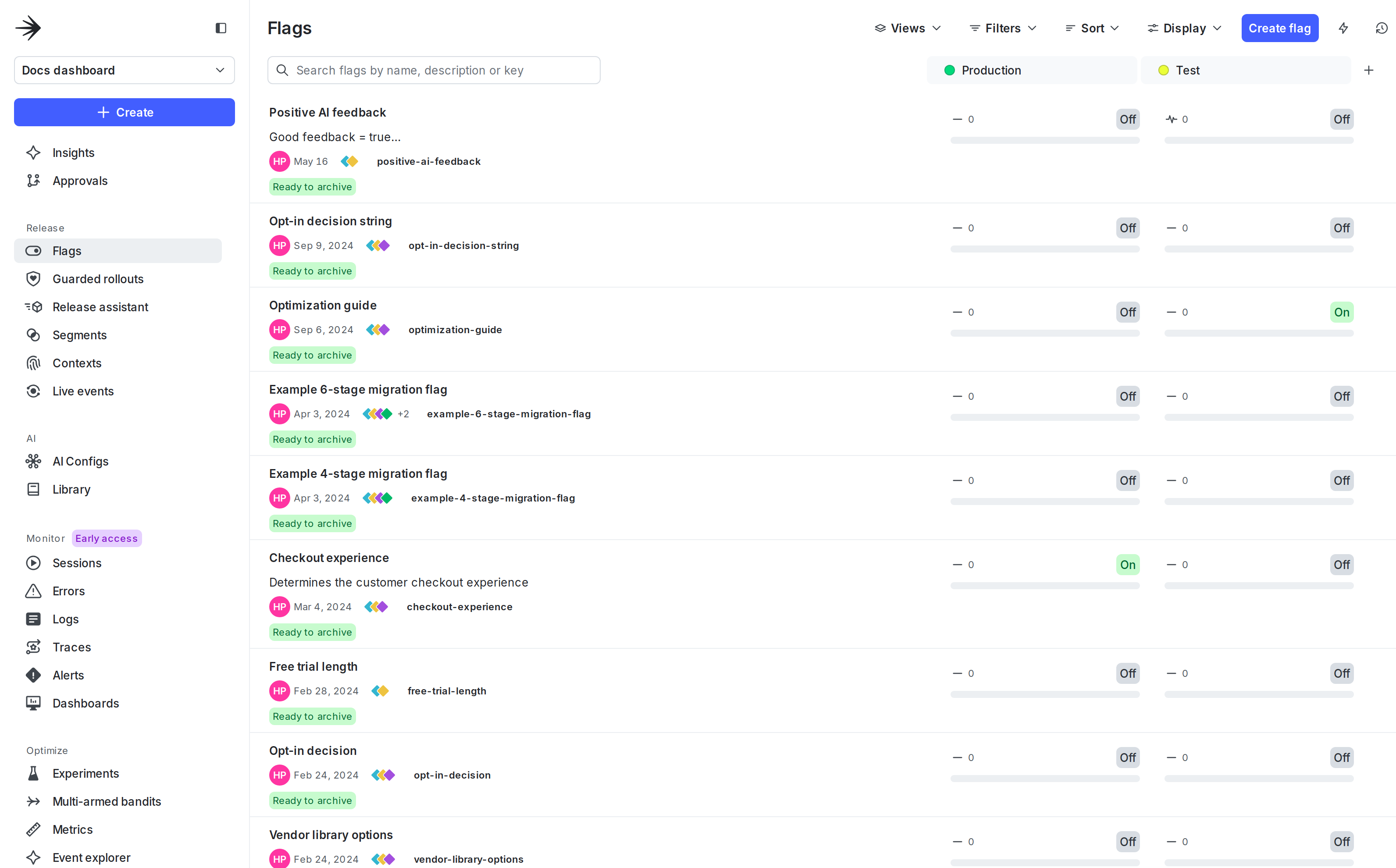 The Flags list in LaunchDarkly.