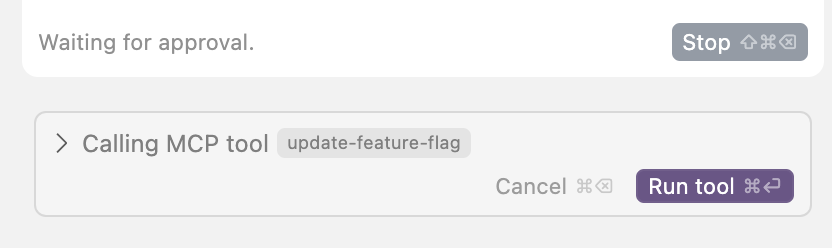 Screenshot of the Run tool button in the AI chat pane of the Cursor IDE.