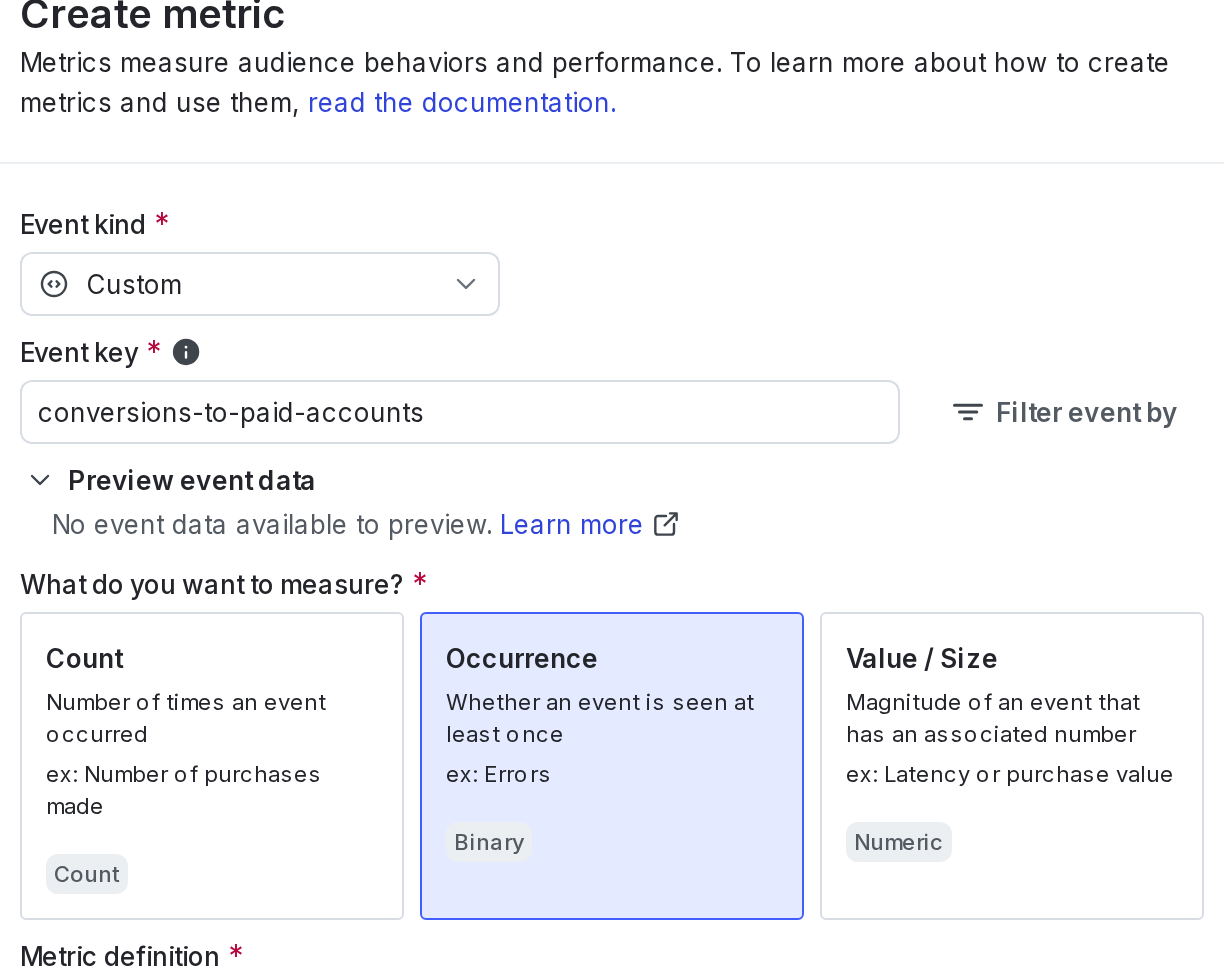 The "Create metric" dialog for a custom conversion binary metric.