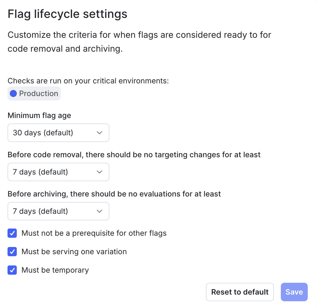 The flag lifecycle settings panel.
