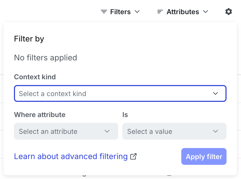 The "Filter by" dialog on the "Contexts" list.