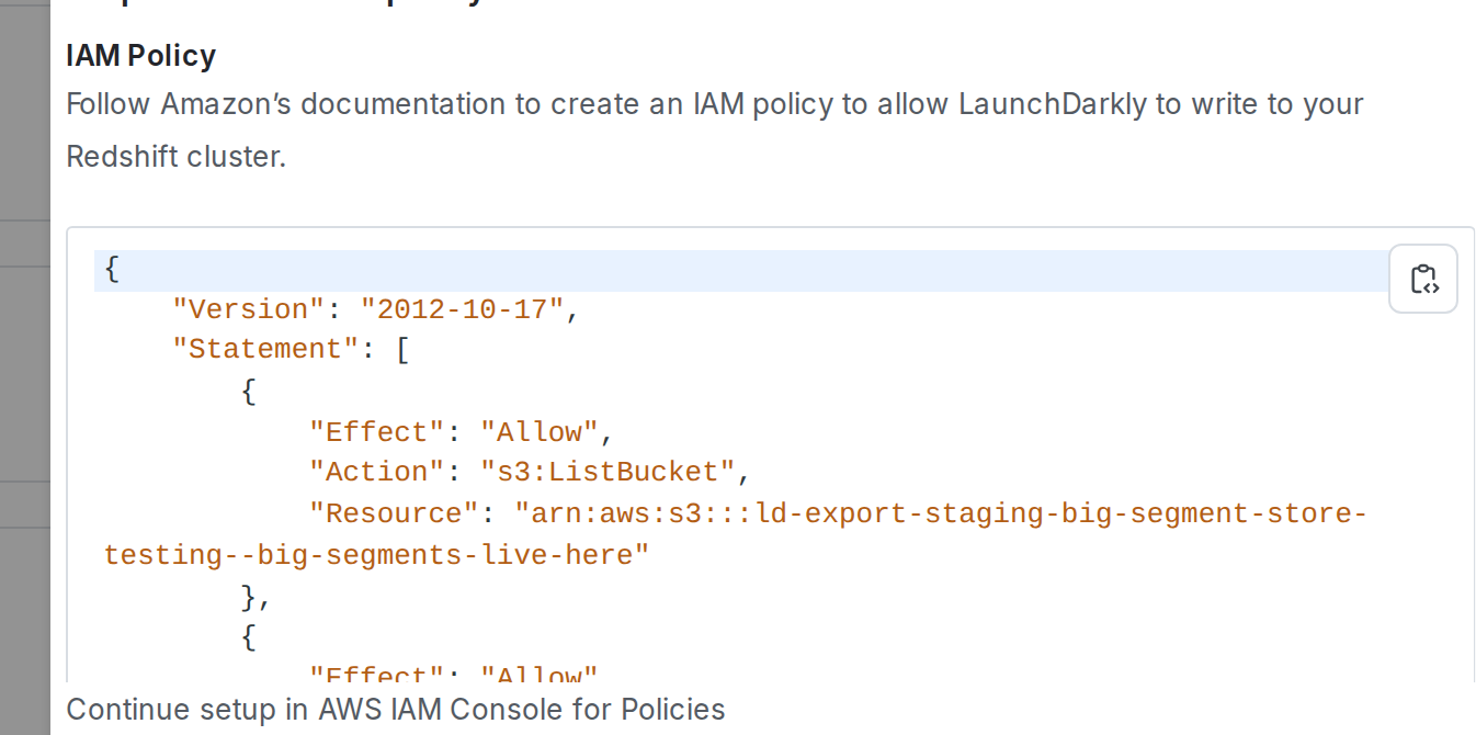 The "IAM role" section of the LaunchDarkly integration panel.