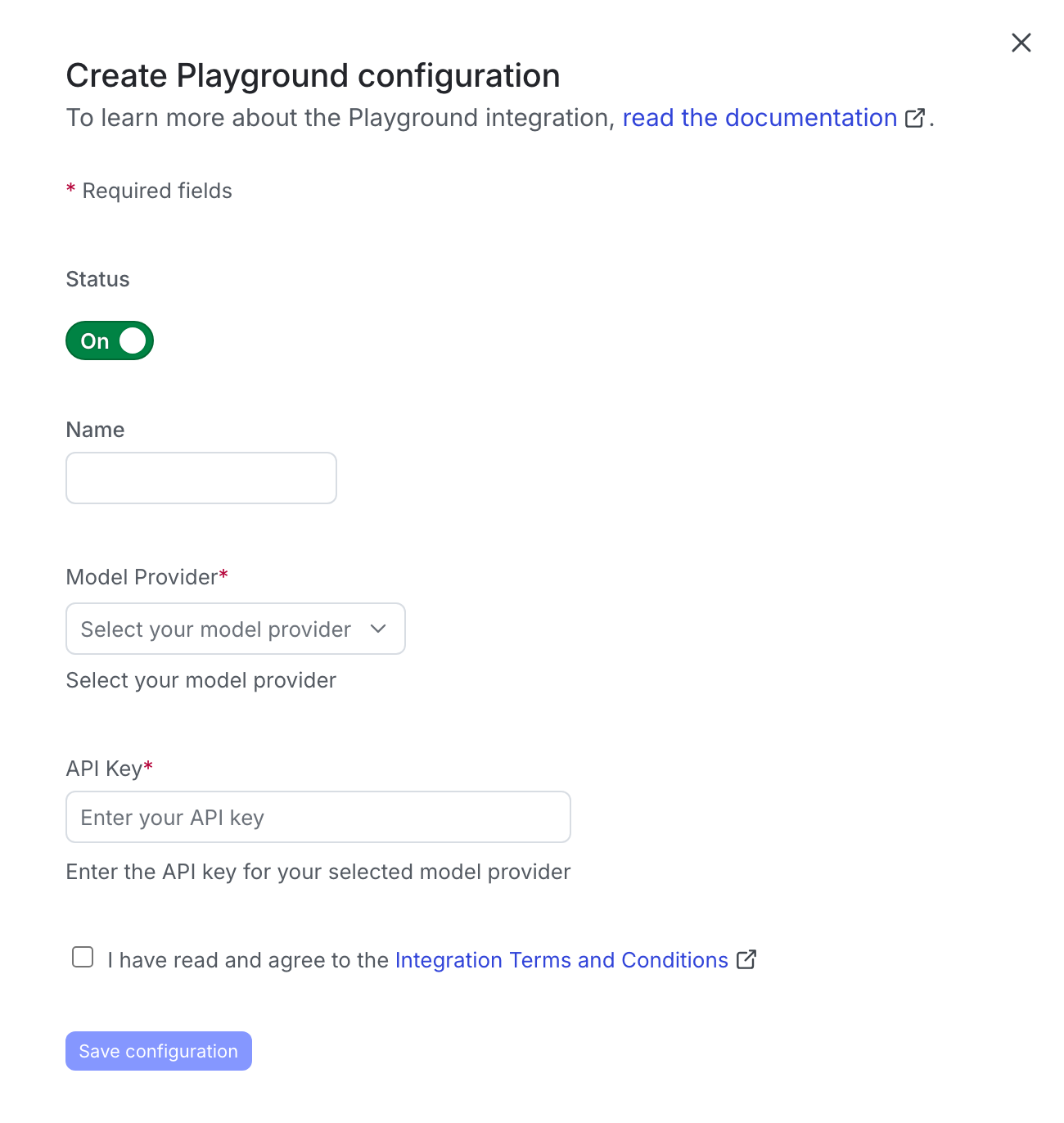 The Manage API keys integration page.