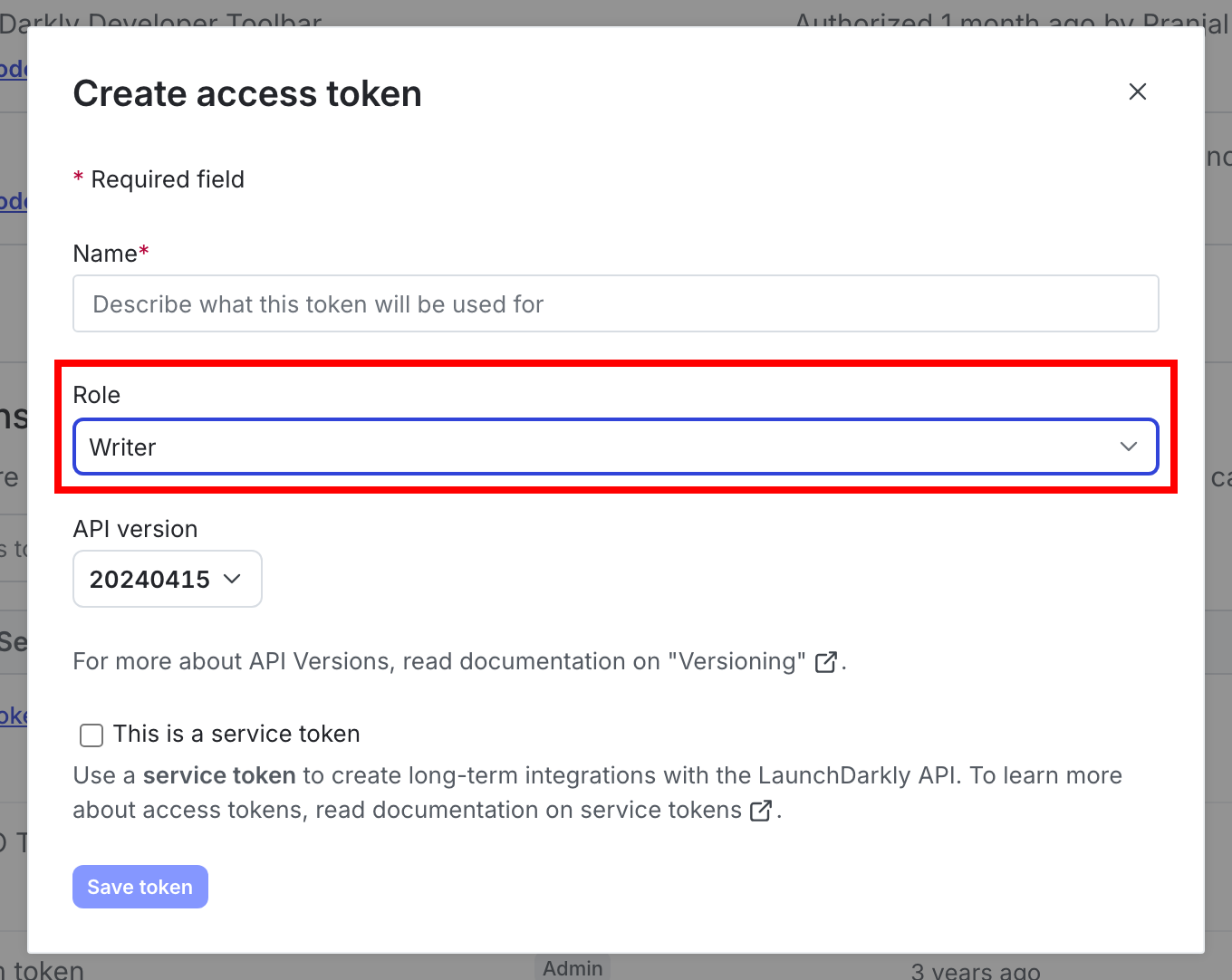 An access token with the Writer role called out.