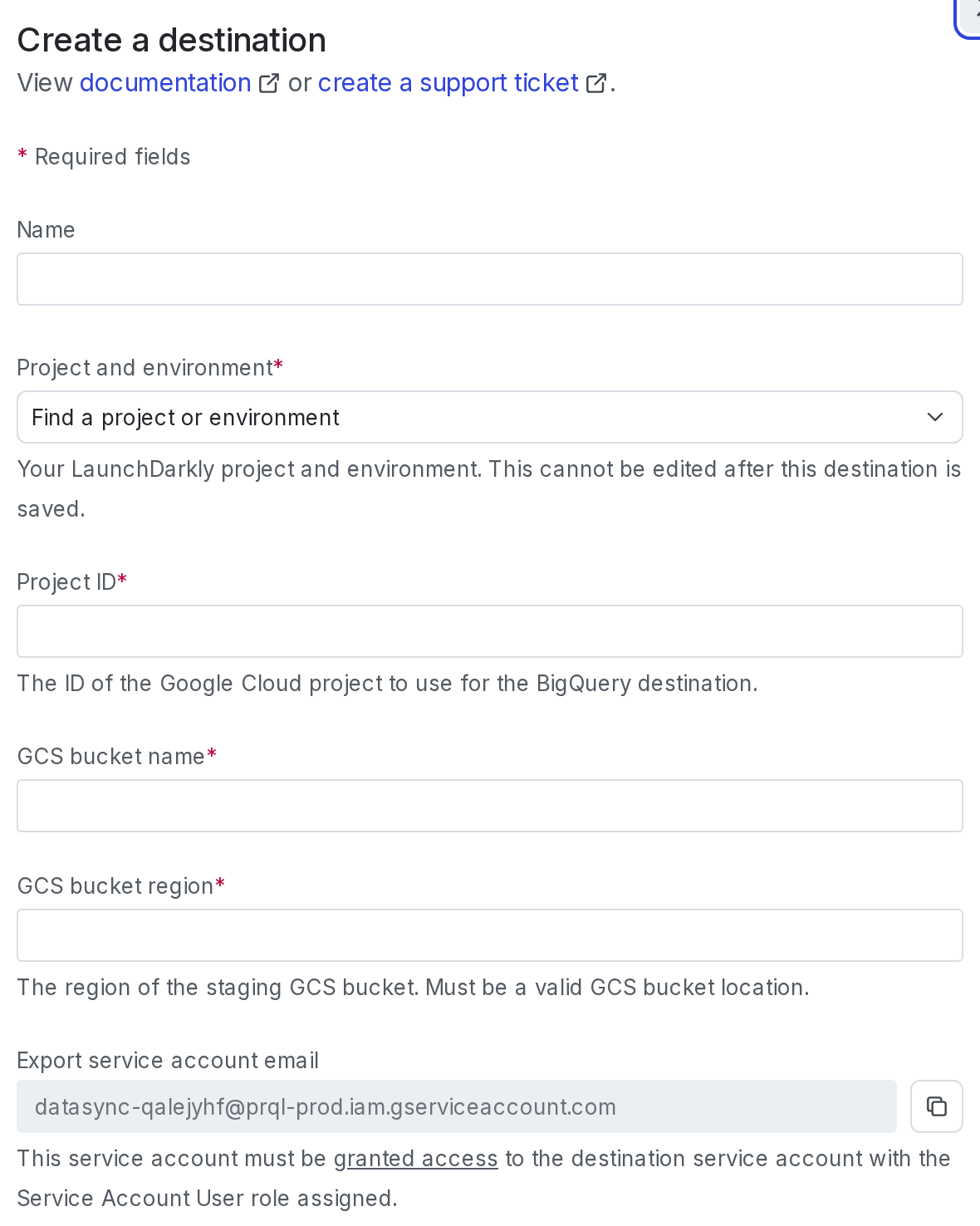 The BigQuery destination panel in LaunchDarkly, displaying the "Export service account email" field.