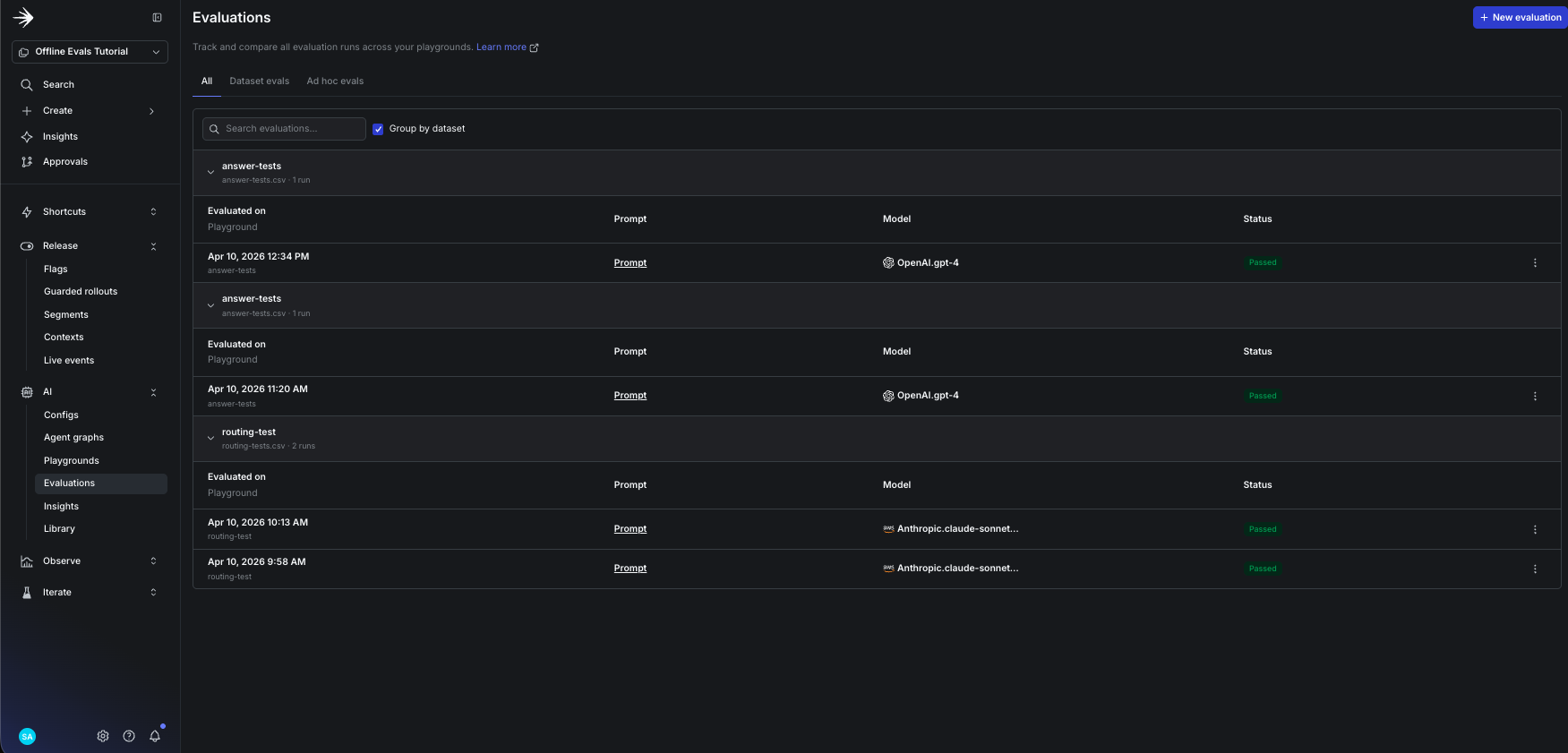 The Evaluations page with Group by dataset enabled, showing saved runs collapsed under each dataset name with their prompts, models, and pass/fail status.
