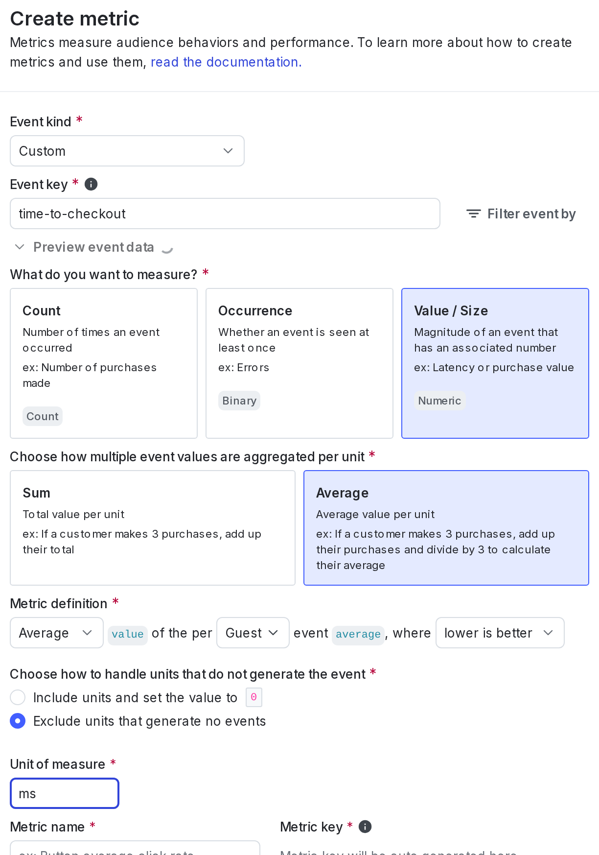 The "Metric definition" section for a custom numeric metric.