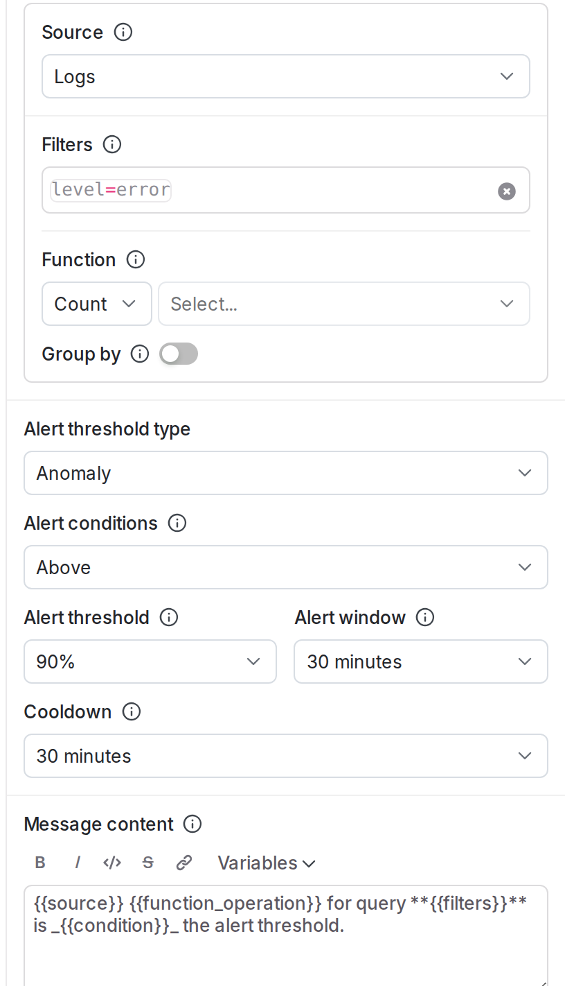 The configuration panel for an alert.
