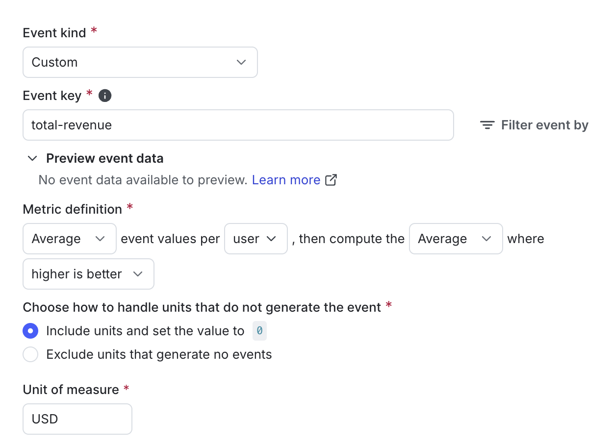 The "Create metric" dialog for a custom numeric metric.