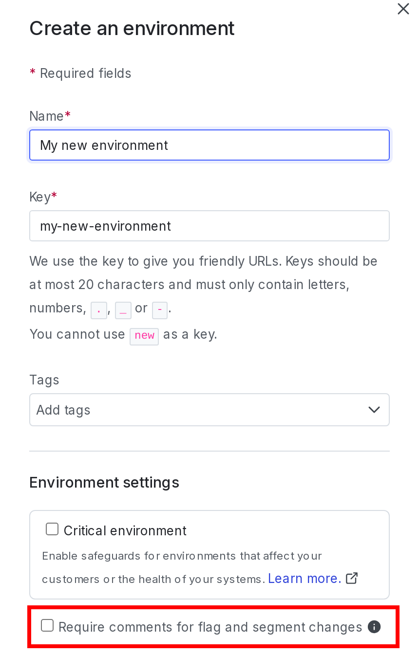 The "Create an environment" panel with the "Require comments" checkbox called out.