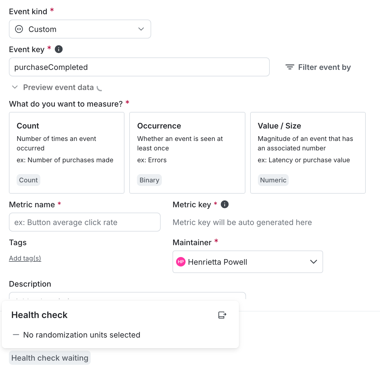 Health check icon on create metric dialog.