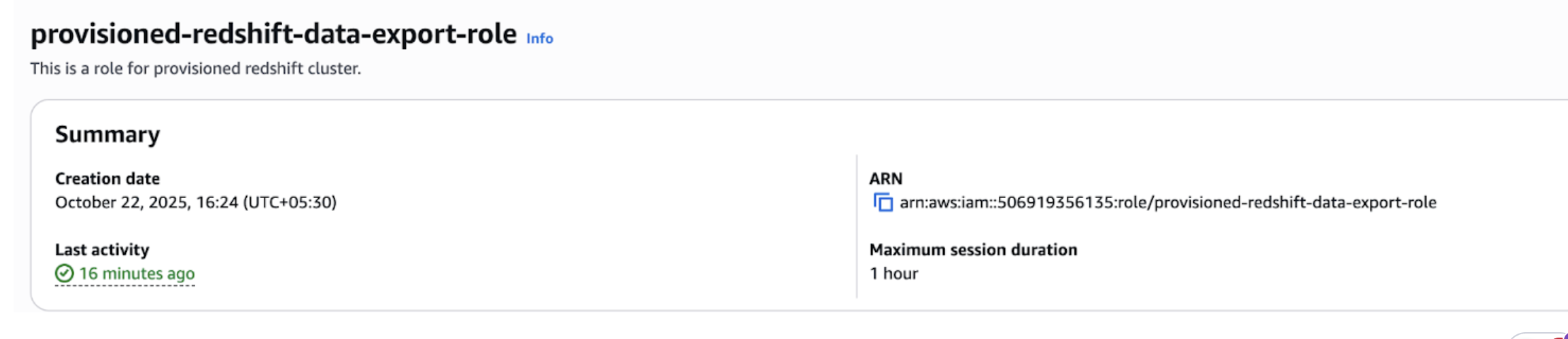 The role summary in AWS.