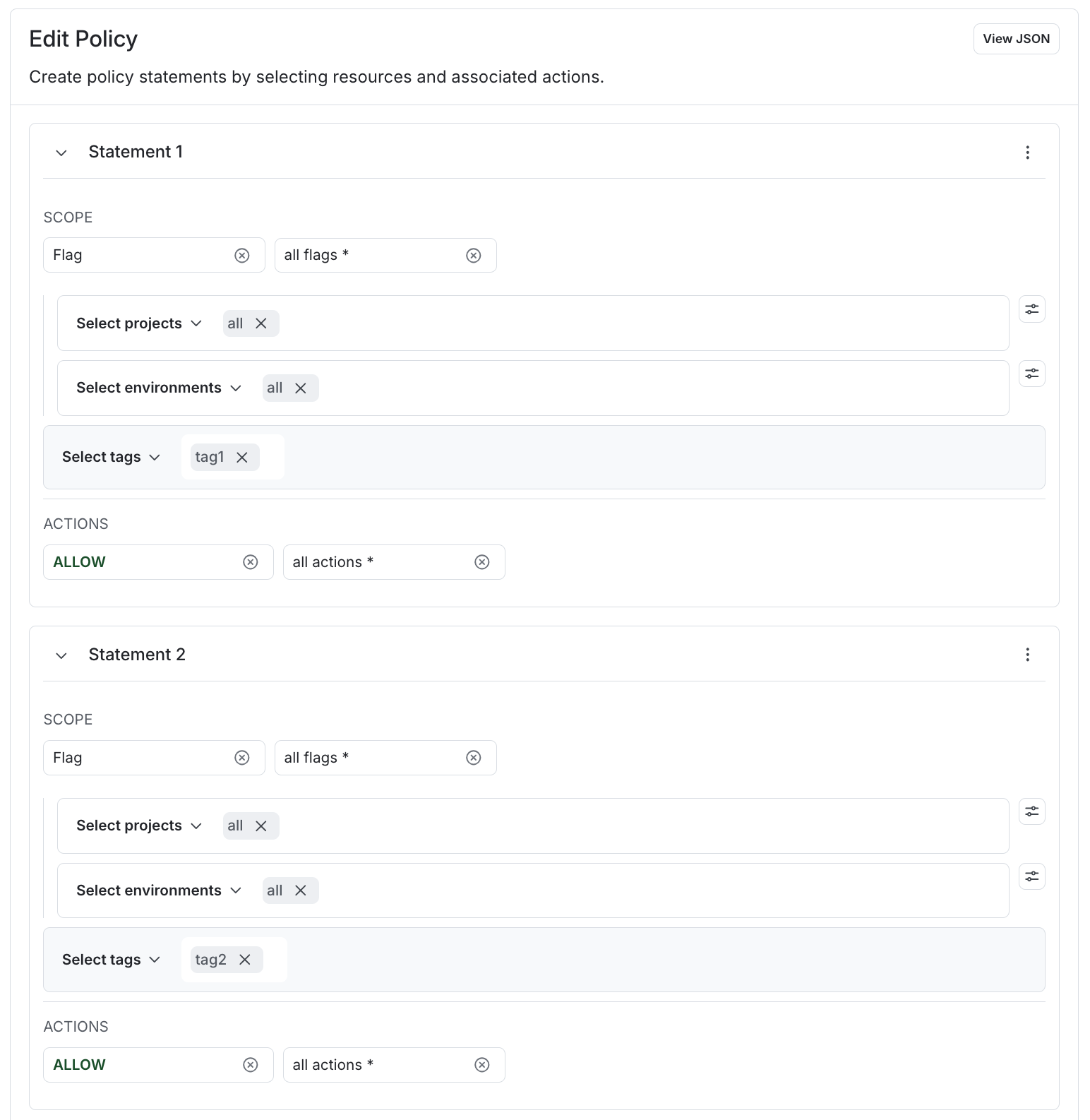 A policy allowing all actions for flags tagged "tag1" or "tag2."