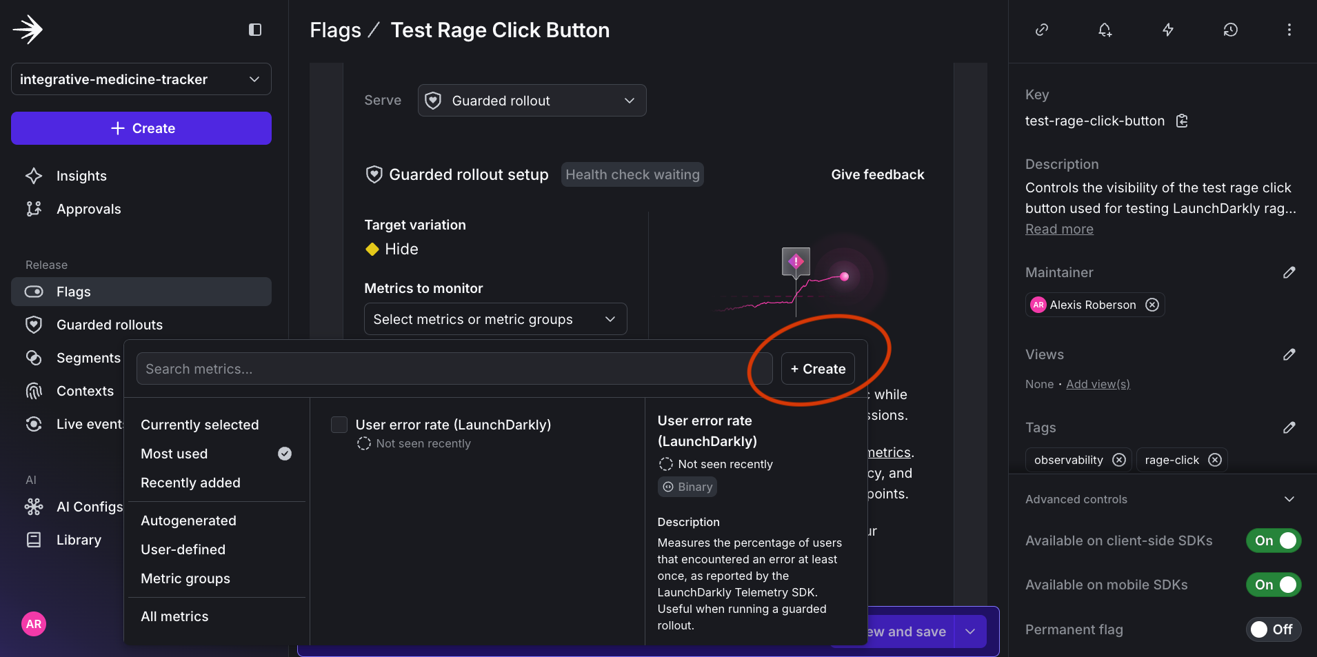 Image showing Create button to define new custom metric for Guarded rollout.