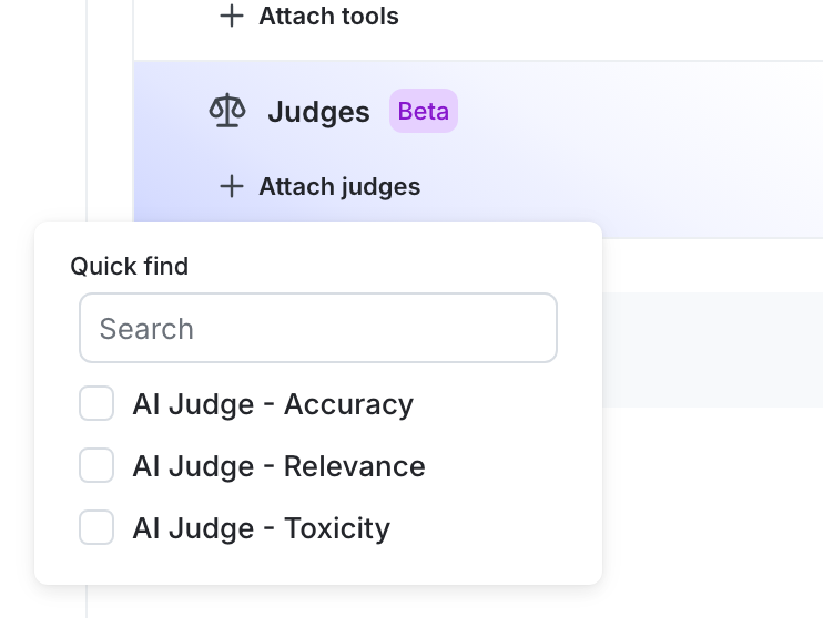 The "Attach judges" panel for a AI Config variation.