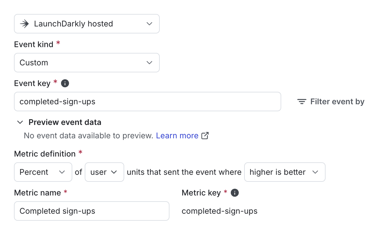 The "Create metric" dialog for a new custom conversion binary metric.