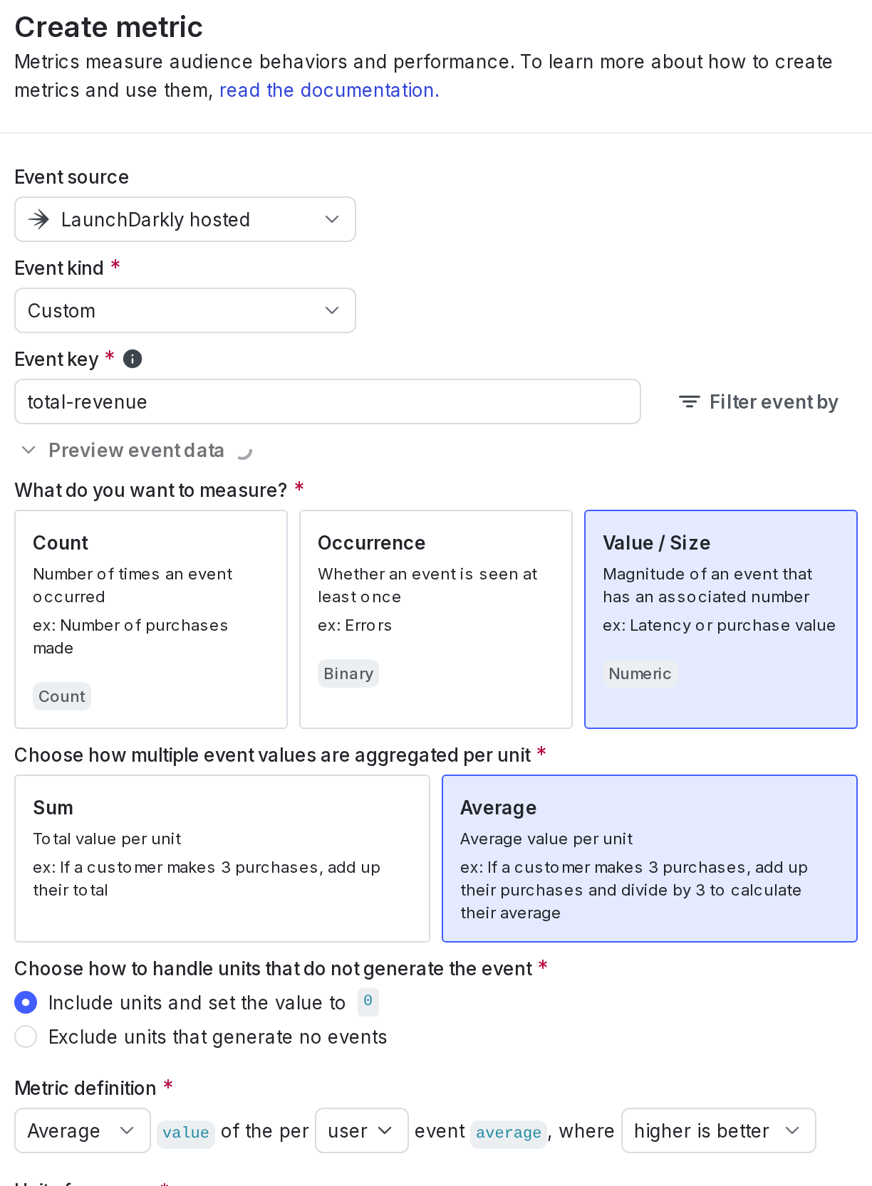The "Create metric" dialog for a custom numeric metric.