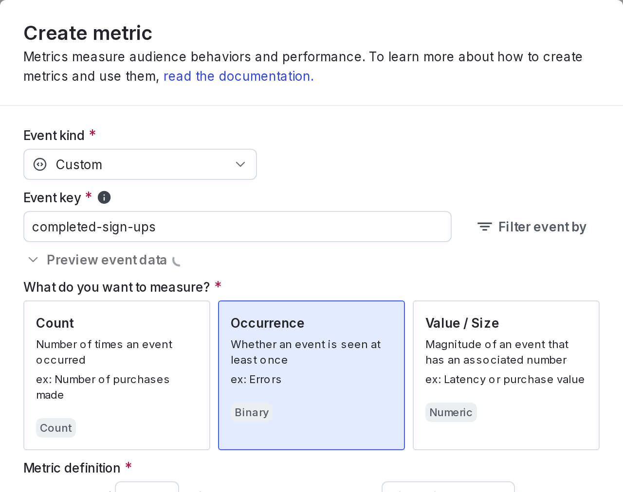 The "Create metric" dialog for a new custom conversion binary metric.