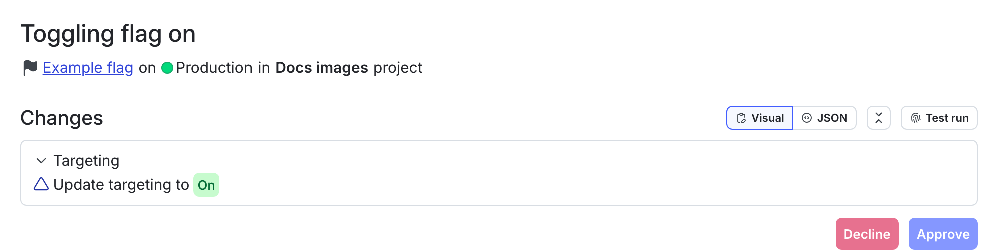 An approval request to toggle on a flag.