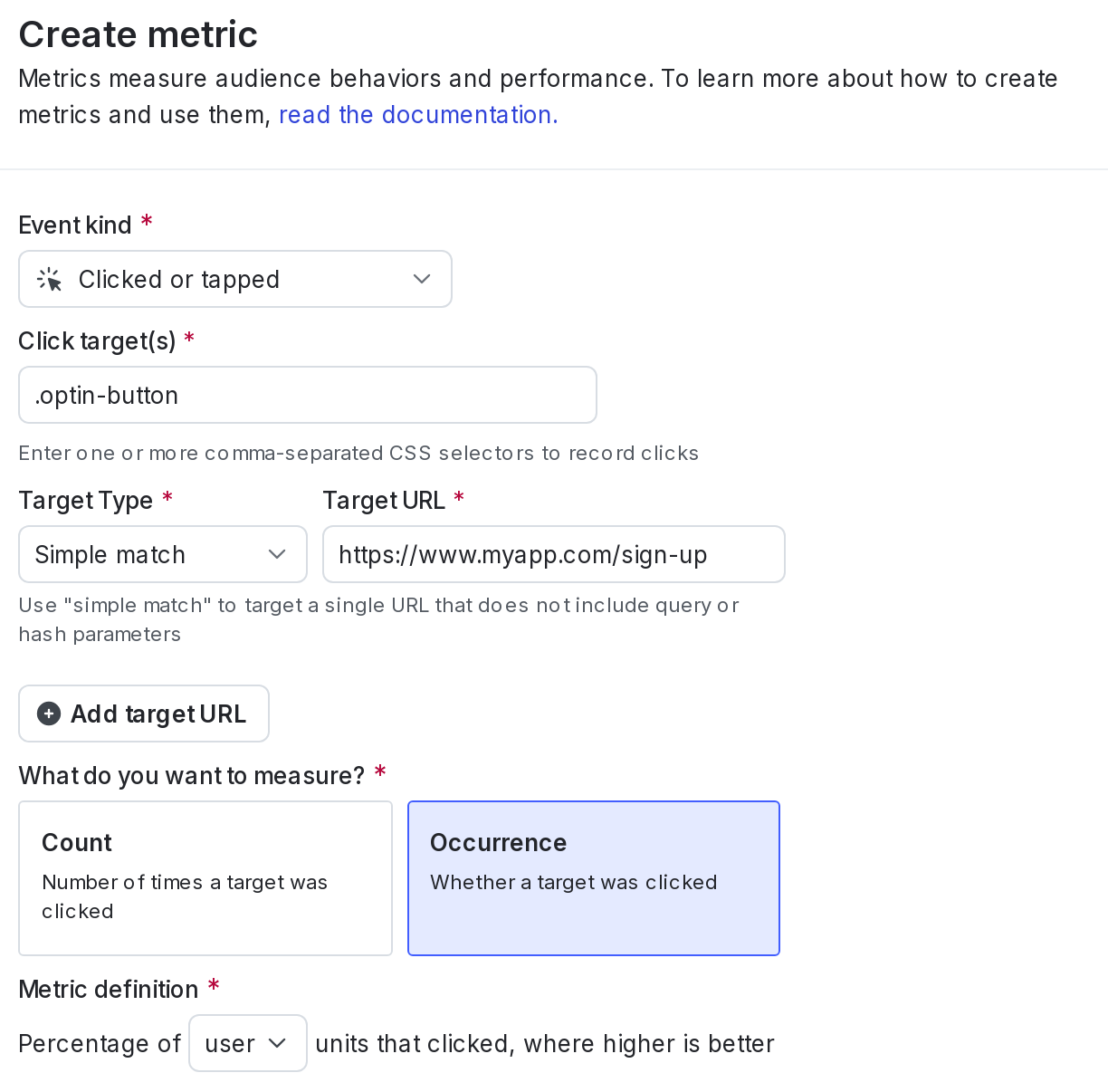 The "Create metric" dialog for a click conversion metric.