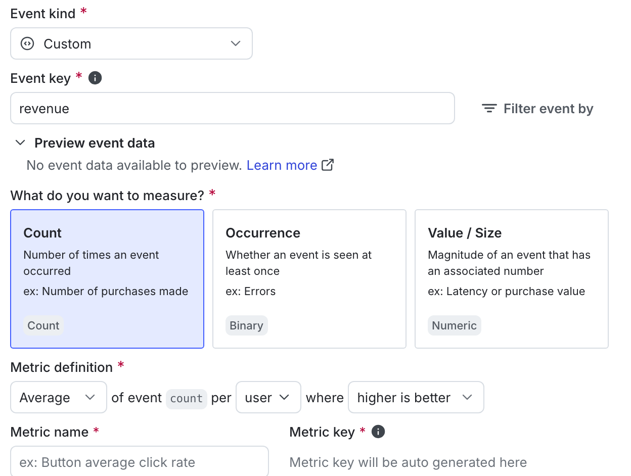 The metric creation dialog.