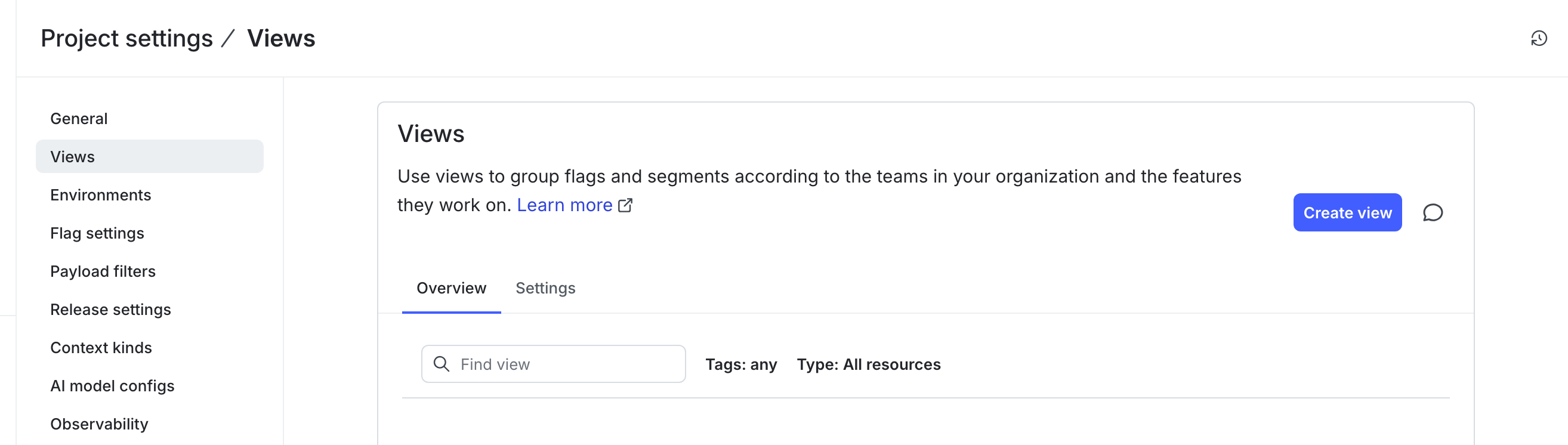The Views list in project settings.