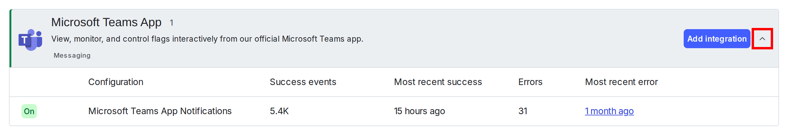 The status table for Microsoft Teams integration connections with the expand arrow called out.