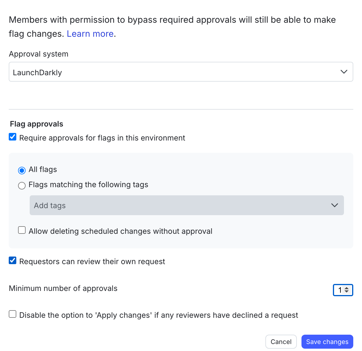 The Approval settings panel, showing the Flag approvals section.