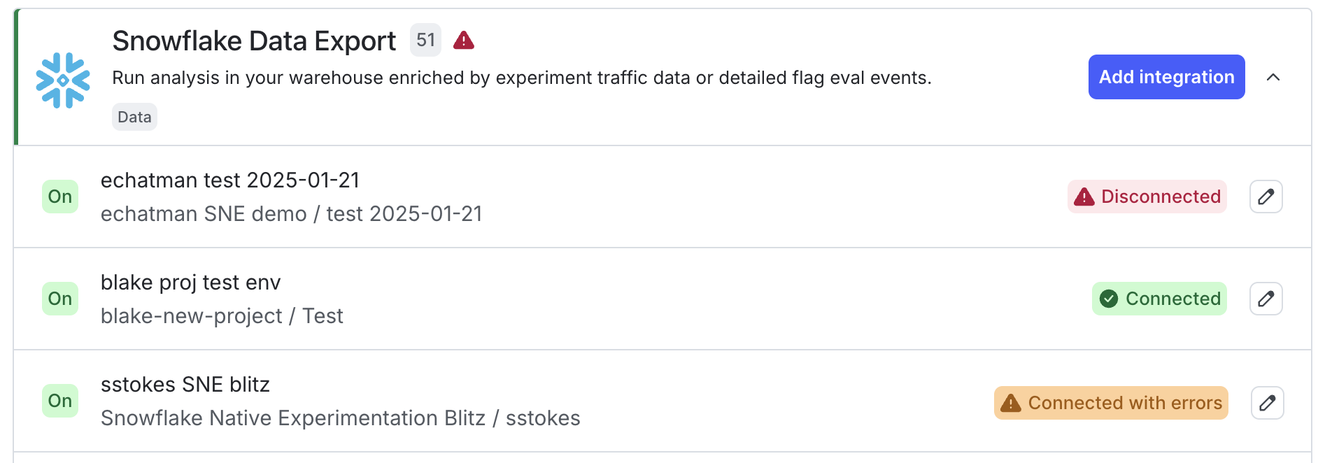 A connection warning for a Snowflake Data Export integration.