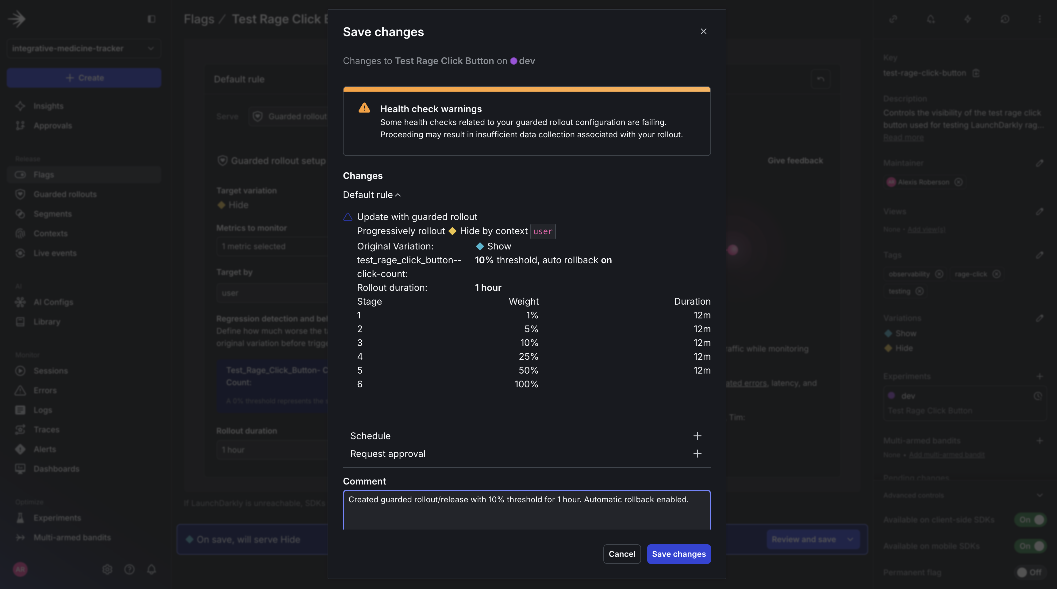 Image of widget to save Guarded rollout changes.