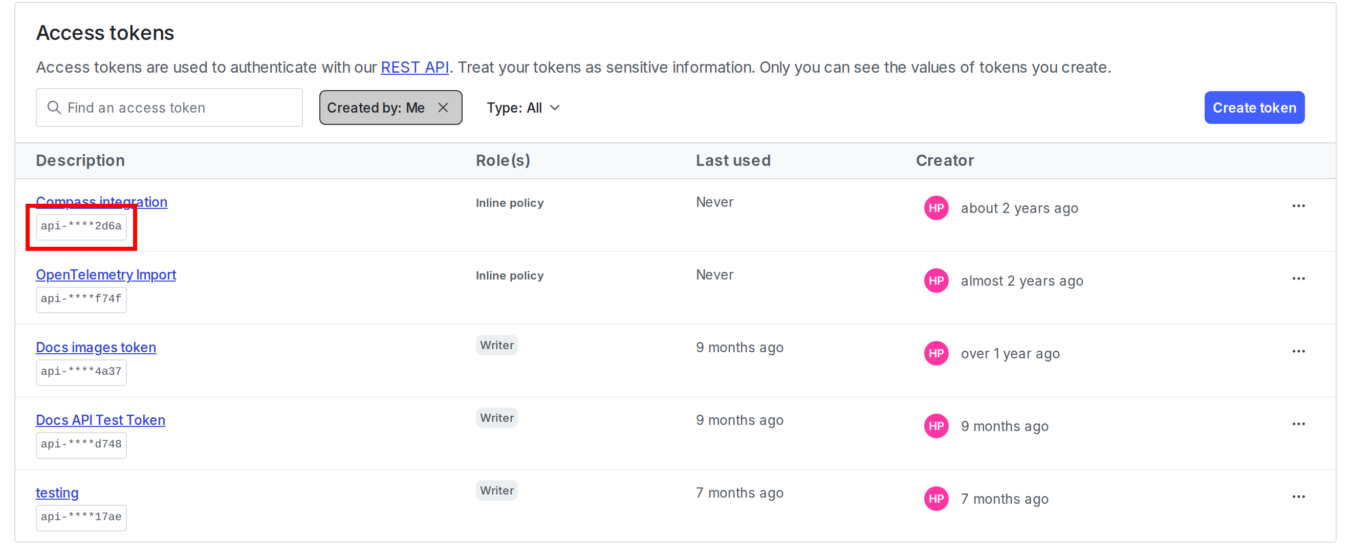 The Access tokens list with an obscured access token called out.